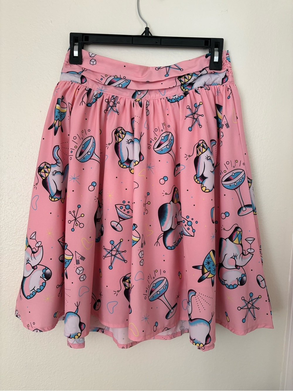 Sourpuss Pink Tipsy Elephant Novelty Swing Skirt Retro Pinup Midcentury SM NWOT